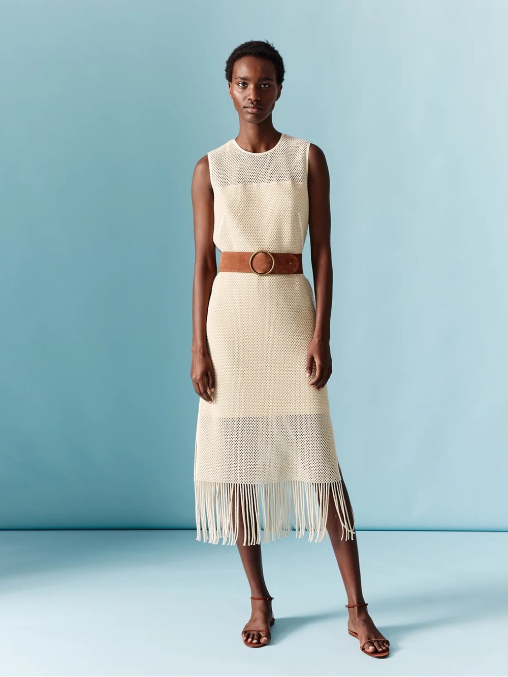 Akris Punto Cream Sleeveless Lined Fringe Knit Midi Dress